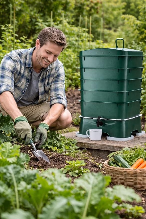 ® Plus US Made 5 – Tray Worm Composter -Forest Green,Sustainable Design for Both Indoor & Outdoor, Worm Compost Bin for Vermicomposting Starter, Recycling Food Wastes