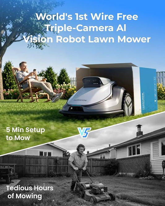 V1000 Robot Lawn Mower with Garage, Max 0.3 Acre, No Wire/RTK, Auto Mapping | Triple-Camera AI Vision Navigation and Obstacle Avoidance, Smart App Control, Multi-Zone Management for Complex Gardens