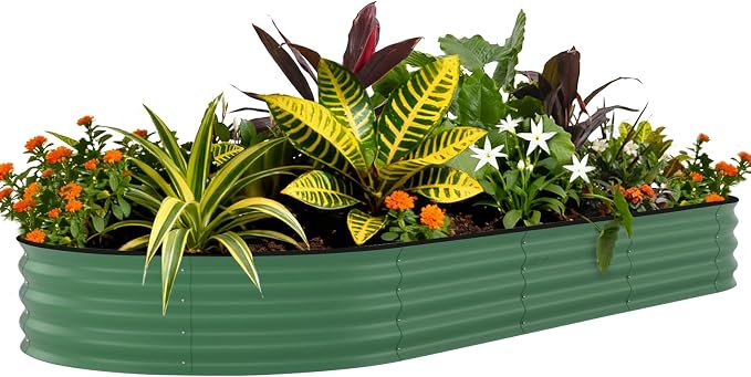 GarveeTech Oval Raised Garden Bed 8x4x1.5 ft - 0.6mm Thick Metal Raised Bed, Rust & Corrosion Resistant, Open Bottom for Drainage, Anti-Cut Strip Included, for Vegetables Flowers Planting, Green