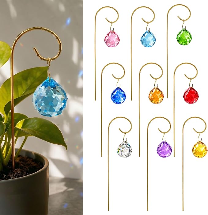 9PCS Colorful Crystal Ball Prisms with 7.5‘’ Small Gold Trellis for Plants | Mini Potted Plant Indoor Accessories,Sun Catchers,Metal Plant Stakes Suncatchers for Home Fairy Garden Decor,Whimsical Decor