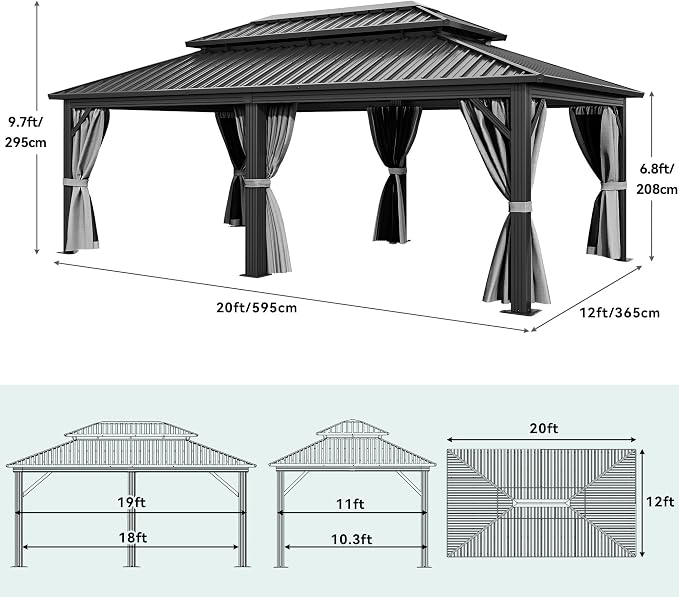 YITAHOME 12x20ft Hardtop Gazebo with Nettings and Curtains | Heavy Duty Double Roof Galvanized Steel Outdoor Combined of Vertical Stripes Roof for Patio, Backyard, Deck, Lawns, Gray