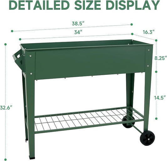 Raised Garden Bed with Legs and Wheels, Metal Outdoor, Green | Steel Frame, 400lb Capacity, 32in Tall No Bending, 2 Large Wheels, Bottom Shelf, Drainage Holes, Herb Vegetable Planter Box