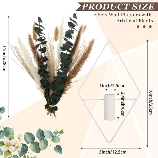 Jexine 4 Pcs Hanging Planters with Artificial Pampas Eucalyptus Metal Hanging Vase Indoor Plants Holder Modern Geometric Boho Bathroom Wall Decor for Living Room Home Office, Matte White