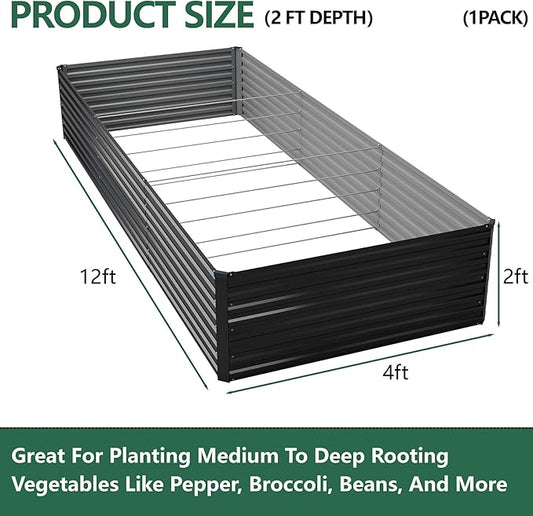 Vengarus 12x4x2ft Galvanized Raised Garden Bed,Metal Raised Beds Kit Black | 2FT Deep Root Elevated Garden Planter Box, Corrugated Steel, Open Bottom, Rustproof All Weather, Large Vegetable Flower Bed