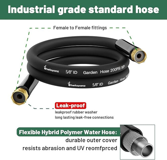 Short Garden Hose 3 ft x 5/8" Female to Female, Heavy Duty Small Water Hose Extender Connector, Leak-Free Connections Hybrid Rubber Leader Hose with 3/4" Double GHT Fittings, Black