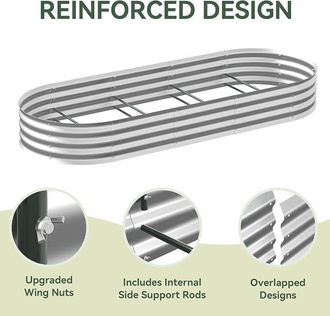 Lineware Raised Garden Bed with Sprinkler Timer and Self-Watering System, 8x3x1 ft Elevated Planter Boxes Outdoor with Mesh Cover, Oval Raised Beds for,Vegetables,Flowers, Backyard, Patio