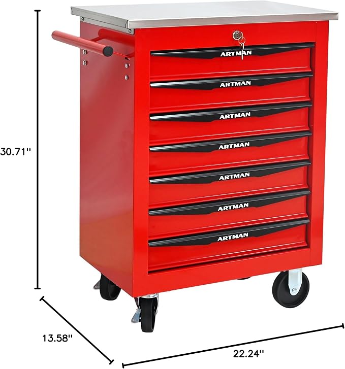 KEIKI 7 Drawers Tool Cart on Wheels,Multifunctional Rolling Tool Chest Tool Storage,Drawers Rolling Tool Trolley Organizer Tool Case for Garage, Warehouse, Workshop, Repair Shop (Red)