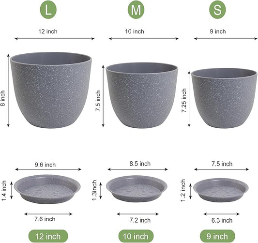 UOUZ 12/10/9 Large Modern Plant Pots, Plastic Planters with Drainage Holes and Saucers for Indoor Outdoor Plants Flowers, Grey Speckles