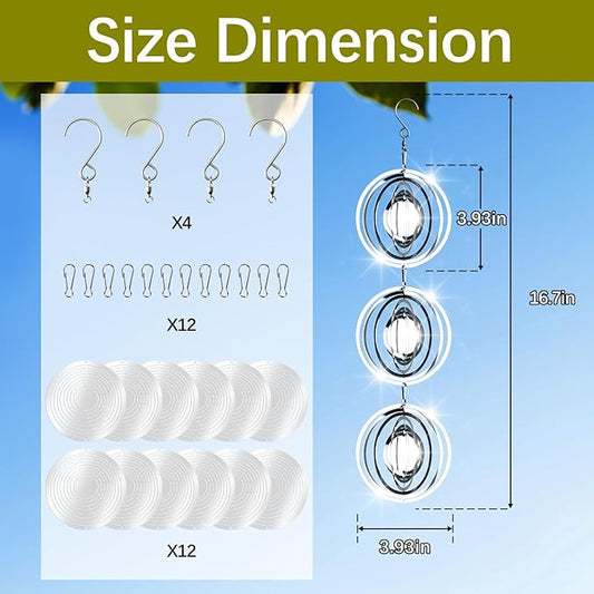 12 PCS Stainless Steel Bird deterrents for Outside,Bird reflectors to Keep Birds Away,3D Wind Spinners Outdoor Bird Scarer Discs Set Pigeon Deterrent to Keep Swallows Sparrow Away Garden Porch Pool
