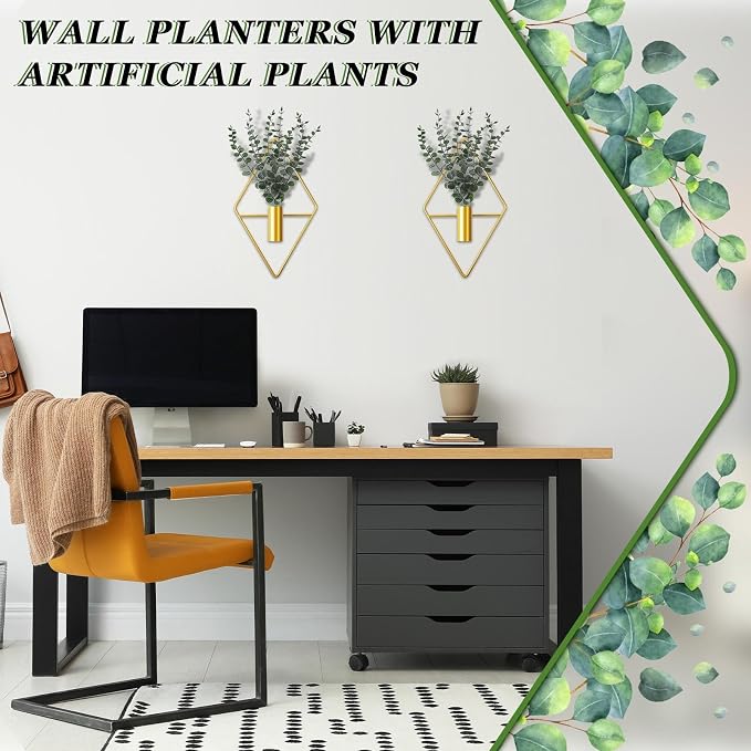 Jexine 8 Pcs Hanging Planters with Artificial Eucalyptus Metal Hanging Vase Indoor Plants Holder Modern Geometric Boho Bathroom Wall Decor for Living Room Home Office (Eucalyptus,Gold)
