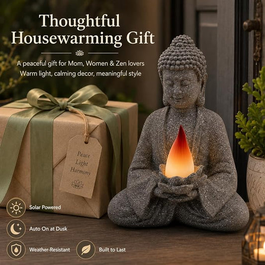 olar Garden Buddha Statue with Lotus Flame Light, Zen Resin Outdoor Decorations for Patio Yard Lawn Porch, Meditation Garden Decor Gifts for Housewarming Mom Women