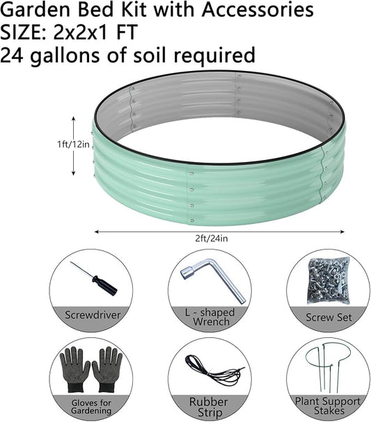 ZFHgarden Galvanized Metal Planter Round Raised Garden Bed Kit for Gardening Outdoor,2x2x1ft Grow Garden Box Raised Flower Bed,Round Galvanized Planter Outdoor Metal Fire Pit Ring Green