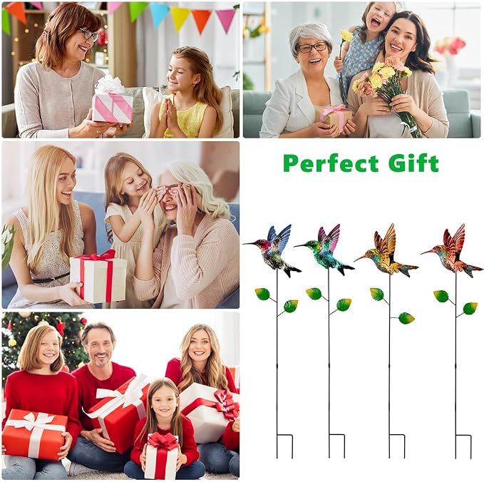4 Pack Hummingbird Decorative Garden Stakes,Waterproof Garden Decor for Outside,Metal Yard Art Spring Decor for Outdoor Porch Lawn Pathway