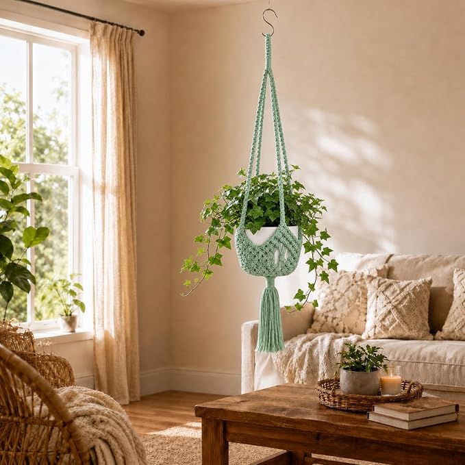 Shappy 1 Pack Boho Macrame Plant Hanger, Large Hanging Planter Plant Holder Pot Hanger Hanging Basket Wall Planters, Plants Lover Gift for Indoor Garden (Spiral Knot,Sage Green)