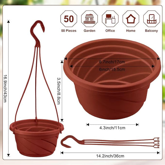 Tioncy 50 Pcs Plastic Hanging Planter Round Hanging Pot for Plants Containers with Hook Flower Plant Pots Holders for Outdoor Indoor Plant Balcony Garden Decor(Coffee,6.7inch)