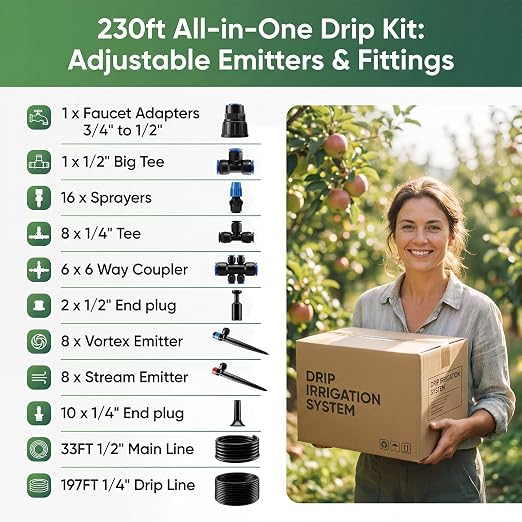 Drip Irrigation System Kit, 230FT Garden Watering System with 33FT 1/2" Main Line and 197FT 1/4" Drip Line, Adjustable Emitters and Quick-Connect Fittings for Raised Beds, Lawn, Greenhouse