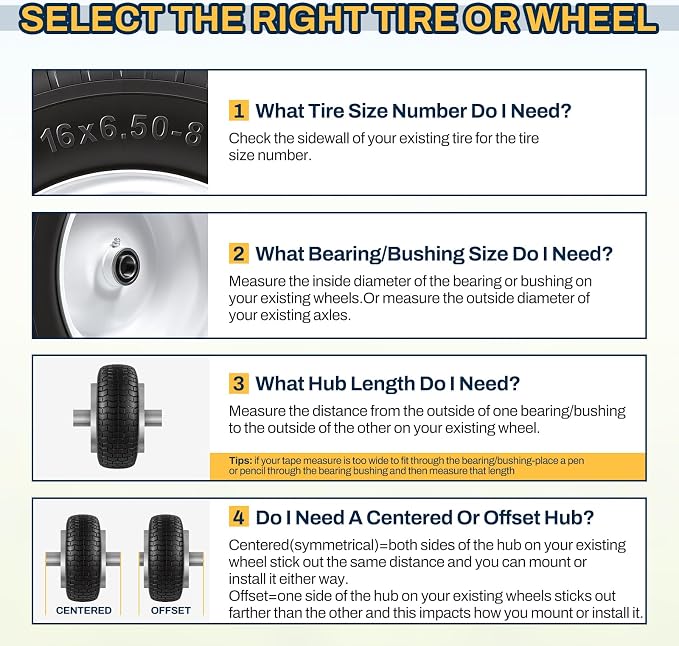 16x6.50-8 Flat Free Lawn Mower Tire and Wheel, 16x6.5-8 Solid Replacement Front Tires for Riding Mowers and Lawn Tractors, with 3/4" Bushings & 5/8" Bearings, 3" Centered Hub, 2 Pack