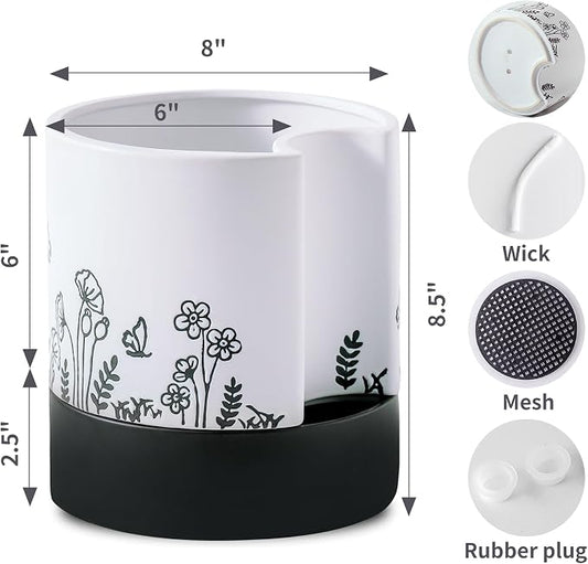 Nihow Self Watering Pots for Indoor Plants,8 Inch,White,Hand Painting | Ceramic Planter, Drainage Hole & Water Storage Plus, Cylinder Round Flower Pot, For Succulent/Herbs/Violets