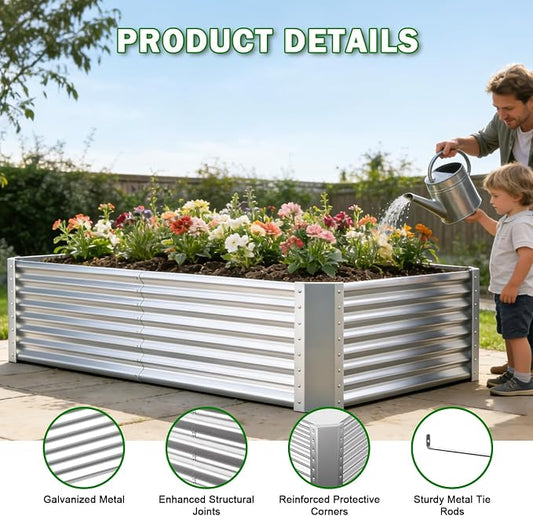6x3x2ft Raised Garden Bed, Deep Root Planter Box, Silver,1 Pack | 1mm Thick Galvanized Steel, Resists Rust Bowing, Easy Assembly, Ideal Deep-Root Growing Condition for Broccoli,Beans,Tomatoes