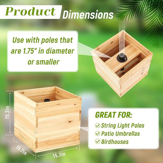 Wonderjune Large Decorative Wooden Planter 15.7" x 15.7" x 15.3" Umbrella Planter Solid Wood Garden Patio Box with Universal Rod Adapter Support for String Light Poles, Umbrellas (Without Pole)