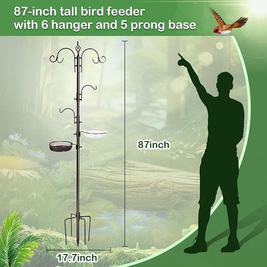 YINGYM Bird Feeding Station Kit, 87 Inches Bird Feeder Pole for Outside, Premium Feeder Stand Hanging Kit with Water Bowl, Mesh Tray and Metal Suet for Attracting Wild Birds