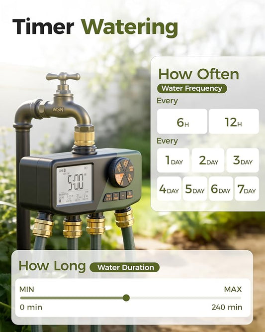 Diivoo 4 Zone Sprinkler Timer with Brass Inlet, IP68 Waterproof 4 Zone Water Timer with Large Display, Digital Control & Rain Delay & Manual Watering for Garden Hose, Lawn, Yard