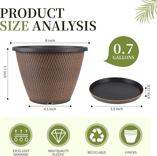 4 Pack 8 inch Plant Pot, Plastic Pots for Plants Indoor, Round Planters for Outdoor Plants with Drainage Holes & Trays, Decorative Flower Pots Garden Containers Sets for Houseplants (Black Copper)