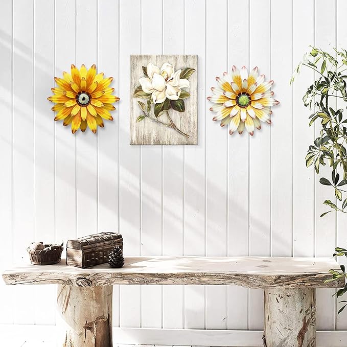 WKHOMEDECO Farmhouse Metal Flowers Wall Decor Inspirational Daisy Wall Decor Hanging for Indoor Outdoor Home Bedroom Living Room Office Porch Patio Garden Fence 13Inch,outdoor wall decor,Handmade