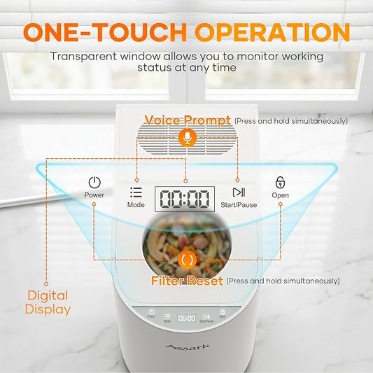 Smart 6L Electric Composter for Kitchen, Large Countertop Compost Bin with Carbon Filter & Auto-Cleaning,One-Touch Start, Smart Humidity-Sensing LED Display,Visible Window Odorless Low Noise