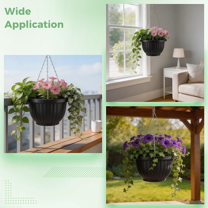 4 Pack Hanging Planters, 9.3 Inch Self Watering Pots for Indoor Plants | Black Plastic Hanging Baskets for Plants Outdoor for Porch Balcony Patio Decor