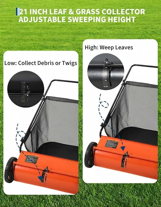 GarveeLife 21 Inch Push Lawn Sweeper with 4 Spinning Brushes, 3.5 Cu.ft Large Capacity Leaf Collector, Adjustable Height Grass Sweeper, All Terrain Lawn Leaf Debris Removal Tool for Yard Garden Patio