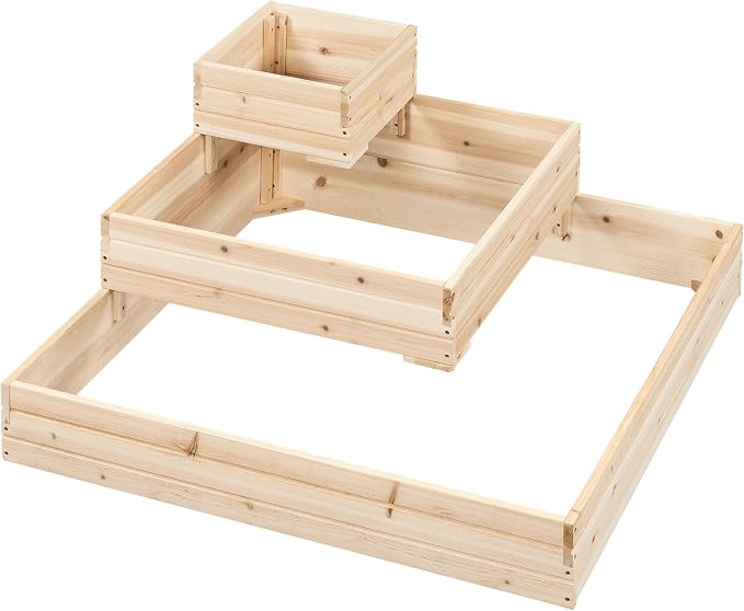 Topeakmart Wooden Planter Box 3 Tier Raised Garden Bed Open Bottom, 2Pcs | Sturdy fir wood tiered planter for patio & garden. Open bottom lets roots grow deep into natural soil.