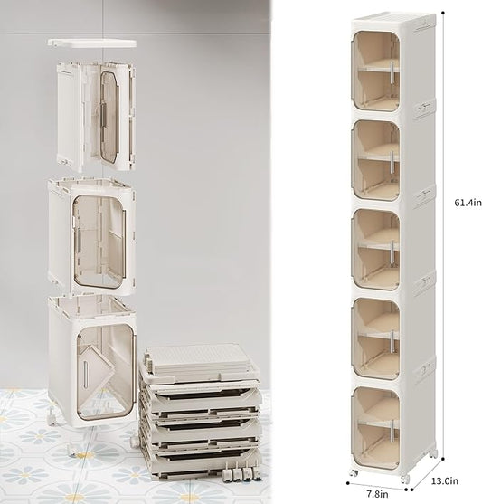 LXLXXL 5-Tier Narrow Storage Cabinet Slim Bathroom Storage Cabinet with Movable Wheels Tall Bathroom Organizer Skinny Cabinet for Small Spaces๏ผBeige