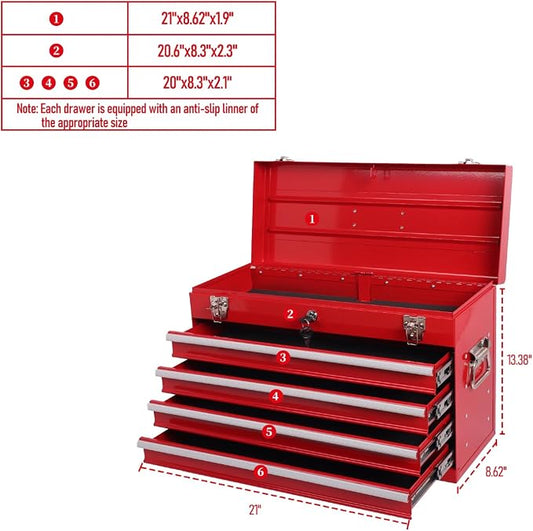 4 Drawers Metal Tool Box, 21'' Portable Metal Tool Box with EVA Liners & Auto-Locking Mechanism, Heavy Duty Steel Tool Chest with Ball-Bearing Drawer Slides & Convenient Top Handle, Red