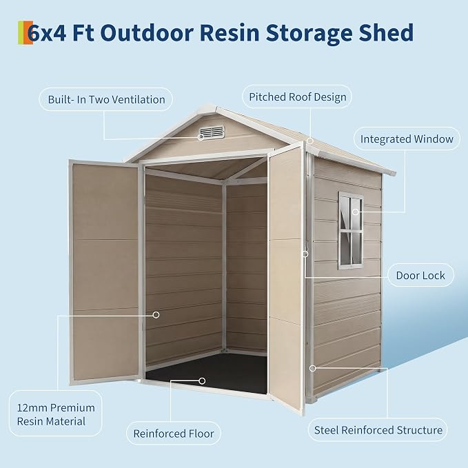 Garvee Plastic Outdoor Storage Shed with Floor, Resin Garden Shed | with Window & Sloping Roof & Lockable Door for Patio Backyard Garden, Lawn Mower, Bike, Tool Storage (Light Brown, 6' x 4')