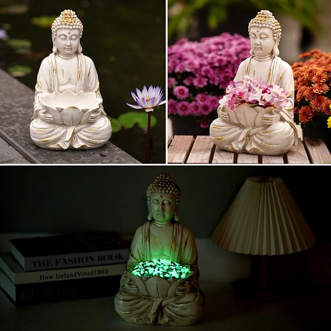 Goodeco Meditating Buddha Statue Sculpture - Outdoor Sitting Sculpture Decoration, Marble Finish with Lotus and Magical Glow in The Dark Pebbles and Glass Stones,Gift idea,White Color (12 inch)