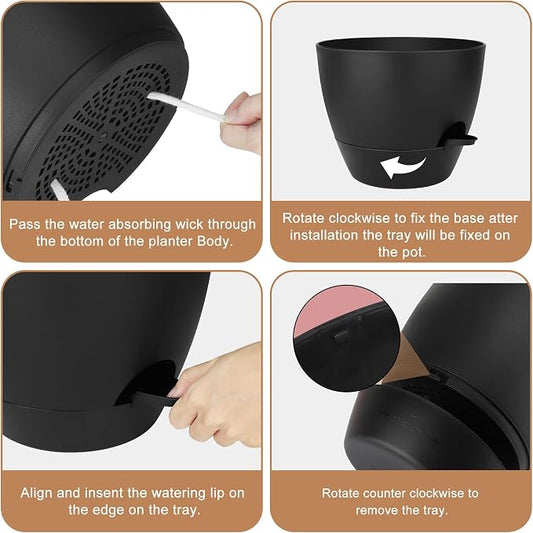 Plant Pots 12/10/9 Inch Self Watering Pots, Set of 3 Plastic Planters with Drainage Holes and Saucers,Plastic Flower Pots,Nursery Planting Pot for Indoor Out Door Plants(Pure Black)