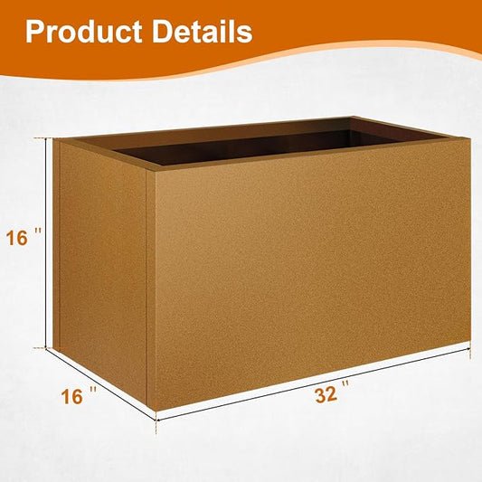 32"x16"x16" Corten Steel Planter Box, Heavy-Duty Rust Resistant Steel Planter with Drainage Hole, Modern Rectangular Metal Planter for Outdoor Indoor Patio Garden Yard