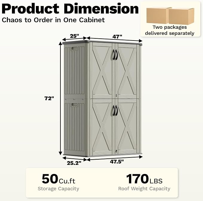 Devoko 50 Cu Ft Plastic Outdoor Storage Cabinet, Beige | Vertical Resin Storage Shed with Lockable Door, Waterproof Shed for Patio Furniture Pool Toy, Garden Tool, Shelf Not Included