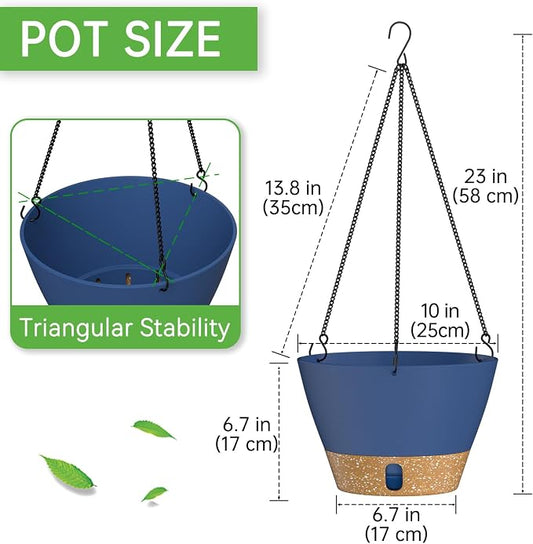 ZMTECH 2 Pack 10 Inch Hanging Baskets for Plants Outdoor Indoor, Modern Blue Planters with Water Level Window & Metal Chain for Balcony Patio Garden Home Decor