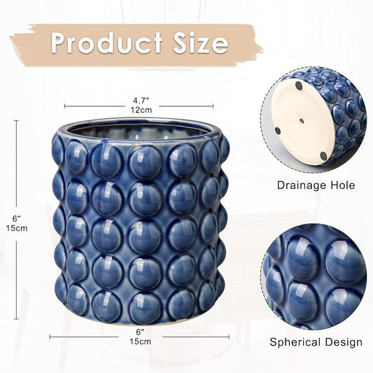 DILATATA 6 Inch Ceramic Planter Pot for Indoor Plants with Drainage Hole Bubble Flower Planter Hobnail Plant Pot Garden Planter Blue Succulent Plant Pot Utensil Holder