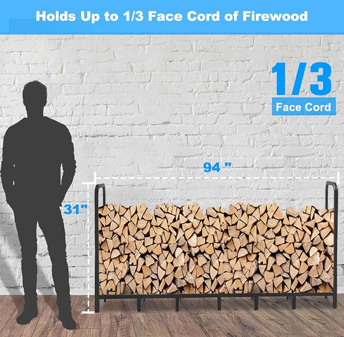 8ft Firewood Rack Holder, Adjustable Heavy Duty Fire Log Stacker Stand for Fireplace, Outdoor Indoor Metal Wood Pile Storage Organizer, Patio Logs Stand tool, Black