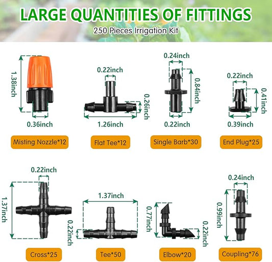 250 Pcs Drip Irrigation Fittings Kit for 1/4" Tubing:Gardrip 1/4 Inch Drip Irrigation Barbed Connectors (Nozzles, Nozzle Tees, Single Barbs, Couplings, Tees, Elbows, Plugs, Crosses) for Garden Systems