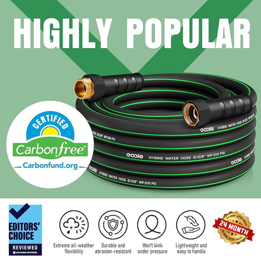 Garden Hose 25 ft x 5/8" with Nozzle, Water Hose Heavy Duty Flexible, Lightweight Kink-less Hybrid Hose with Swivel Handle, Male to Female Fittings