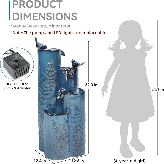 32" Outdoor Water Fountain, Ceramic Outdoor Fountain, Stacked 4-Tier Vase Waterfalls for Garden, Patio, Yard, or Porch Decor, Creating Relaxing Serene Oasis, Embossed Leaf Pattern, Turquoise