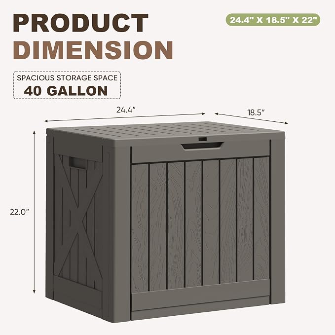 Greesum 40 Gallon Resin Deck Box, Outdoor Storage for Patio Furniture, Garden Tools, Pool Supplies, Weatherproof and UV Resistant, Lockable, Brown