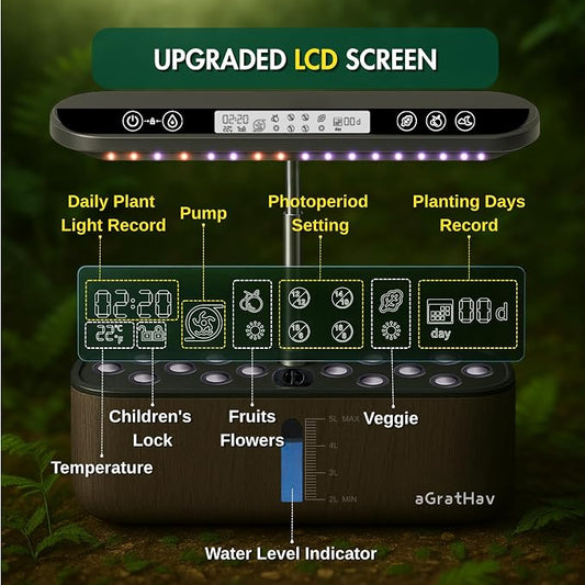 Hydroponics Growing System Kit, Indoor Herb Garden, 14 Pods Upgraded LCD Display, LED Grow Light Quiet Smart Water Pump Automatic Timer, Hydroponic Planter for Home Kitchen Office (Black)