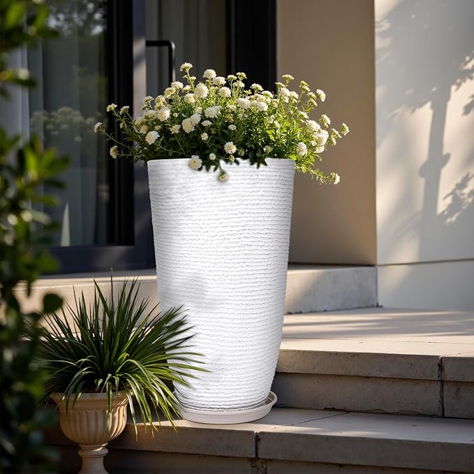 QCQHDU Set of 2 9 Gallon Tall Large planters for Outdoor/Indoor Plants of 12" Dia x 21" H Round Flower Pots Set Faux Stone Finish Front Door Patio Square Porch Planters with Tray, White