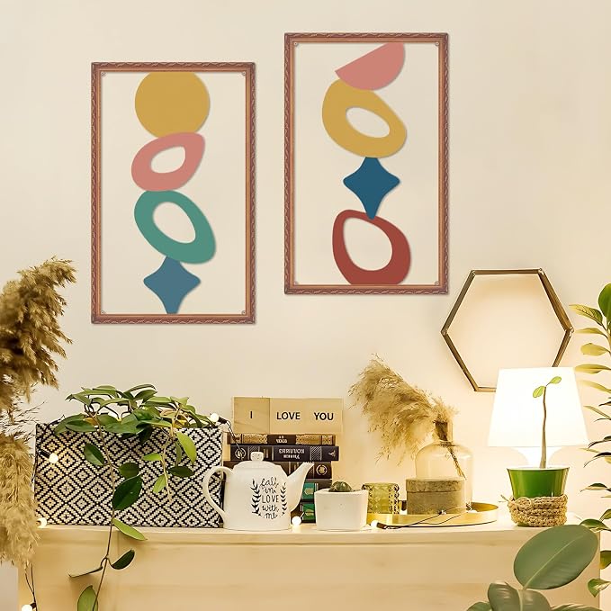 ruelen Abstract Metal Irregular Wall Art - Modern 2D Geometric Metal Wall Decor for Living Room - Luxury Wall Sculpture - Colorful Minimalist Home Decor (Metallic wood grain effect)