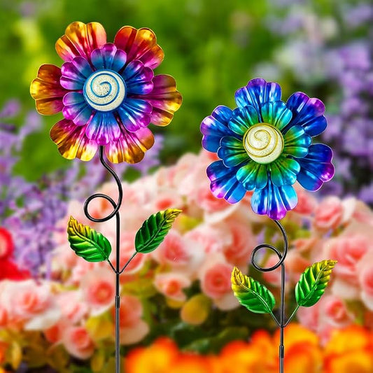 Metal Flowers for Outside, 2 Pack 25'' Flower Decorative Garden Stakes for Spring Yard Decor, Flower Metal Yard Art for Porch Fence Patio Garden Decor (Yellow & Purple)